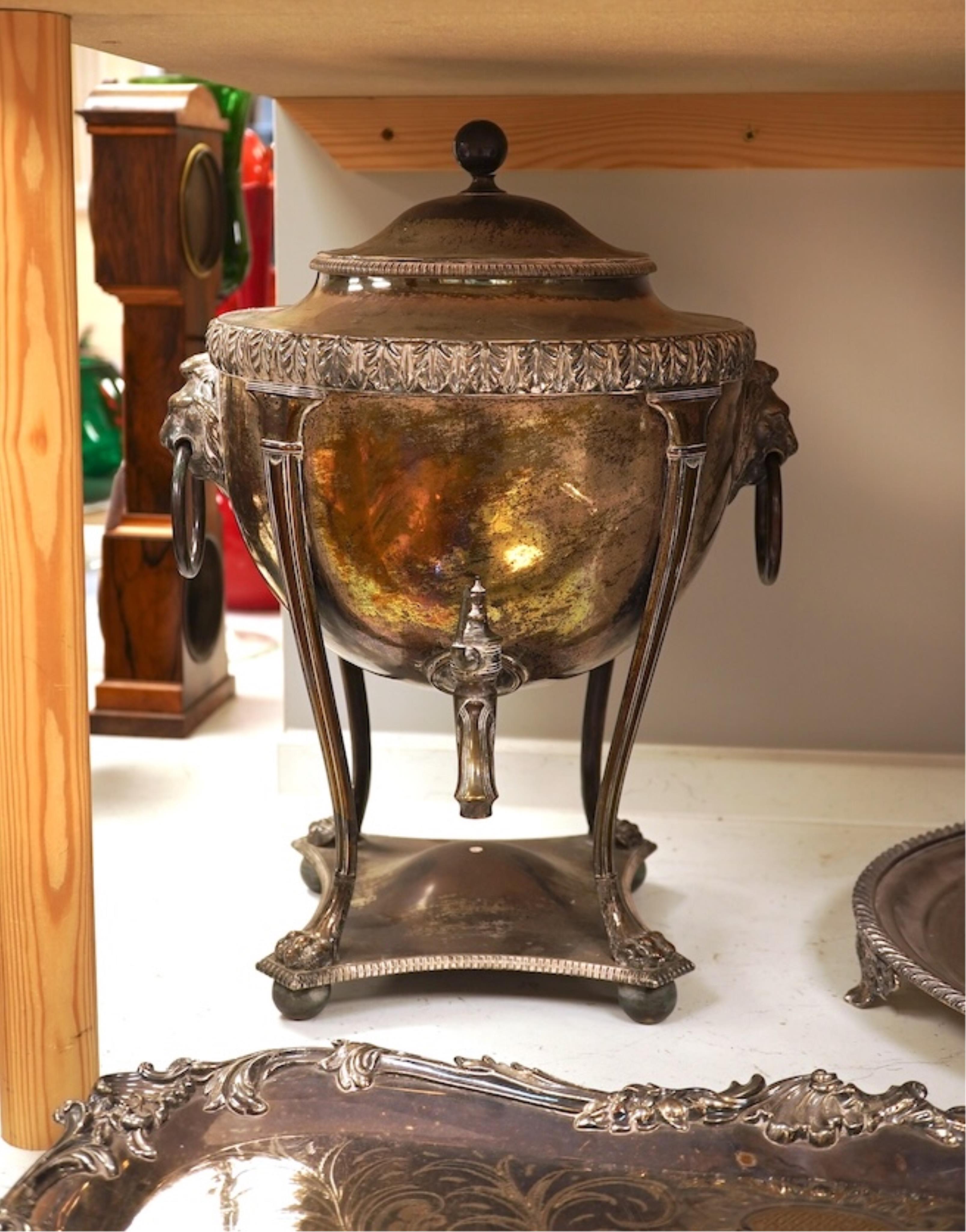 A Regency Old Sheffield Plate samovar and two silver plated trays, largest 70cm